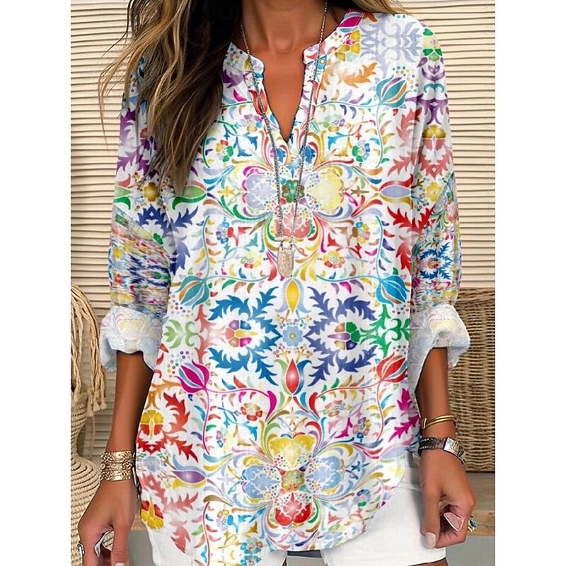 Women's Shirt Floral Stylish Modern Long Sleeve V Neck Regular Tops Daily Holiday Buttons Print White Blue Summer3