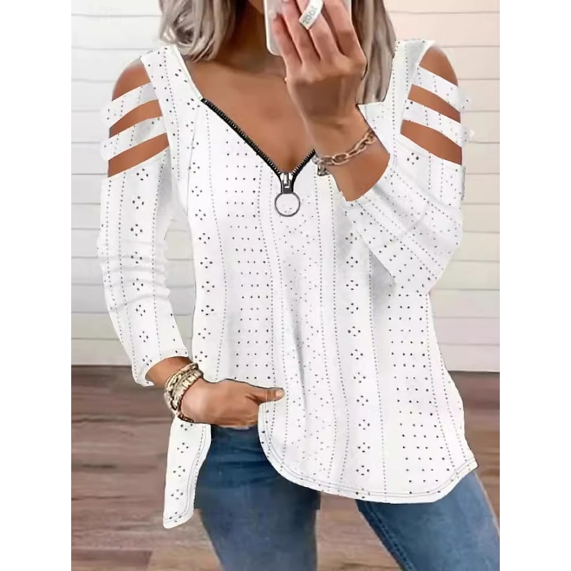 Women's Blouse Solid Color Stylish Casual Long Sleeve V Neck Regular Tops Daily Hollow Out Zipper Black White Pink Blue Green Summer Spring