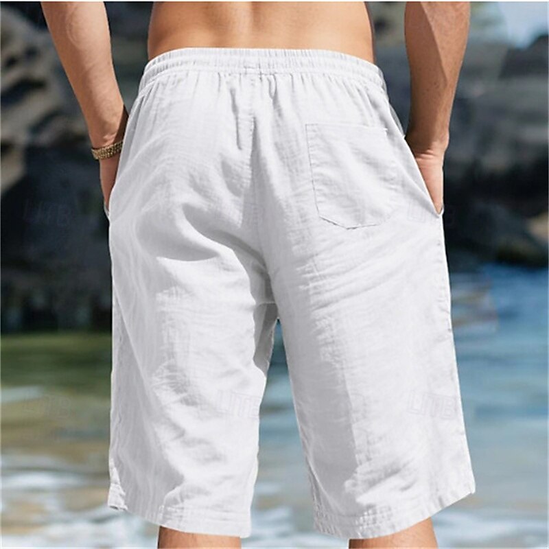 Men's Capri Pants Linen Shorts Summer Shorts Beach Shorts Pocket Drawstring Elastic Waist Plain Comfort Breathable Calf-Length Vacation Holiday Beach Hawaiian Boho Black White Micro-elastic2