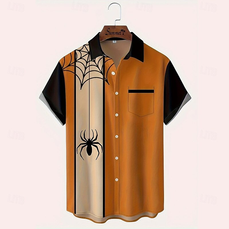 Men's Spider Color-blocking Shirt Summer Shirt Button Up Shirt Short Sleeve Fashion Casual Outdoor Vacation Dailywear Summer Spring Turndown 3D Print Collared Shirts Front One Pocket Orange