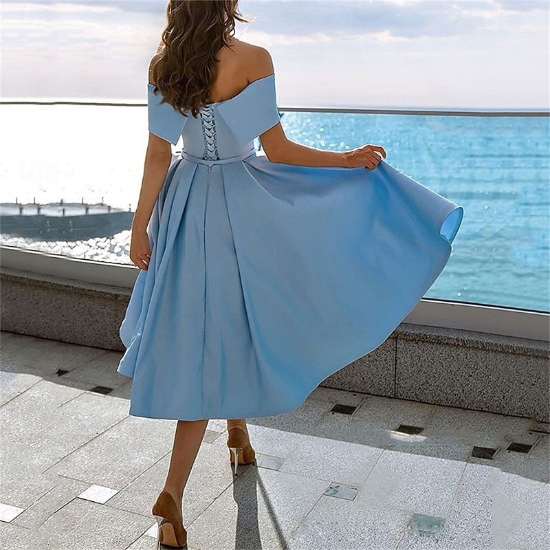 A-Line Cocktail Dresses Elegant Dress Formal Wedding Tea Length Sleeveless Off Shoulder Satin Backless with Pleats3