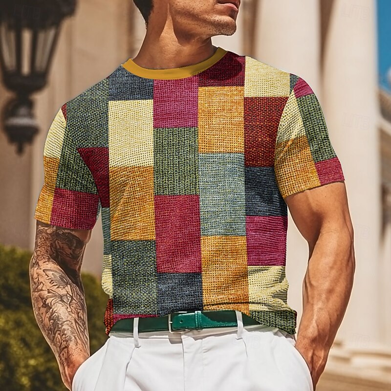 Men's Geometric Line Waffle Shirt Short Sleeve T shirt 3D Print Crew Neck Shirt Fashion Casual Comfortable Street Casual Daily Red Blue Green Summer Spring Clothing Apparel S M L XL XXL XXXL