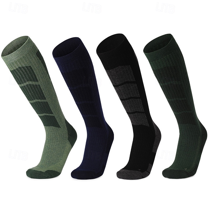 1 Pair Men's merino wool socks Running Socks Sports Socks Thermal Warm Breathable Anti Blister Thick Outdoor Over The Calf Patchwork Merino Wool Black Dark Green Green for Ski / Snowboard Running