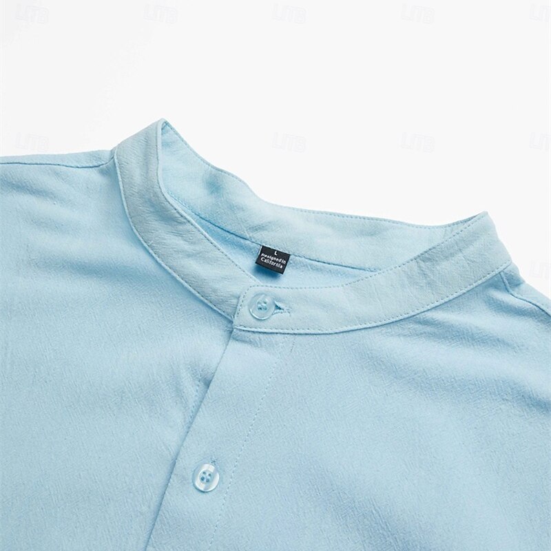 Men's Shirt Summer Shirt Beach Wear Button Up Shirt Plain Vacation Casual Black White Pink Orange Long Sleeve Band Collar Summer Spring & Summer Clothing Apparel3