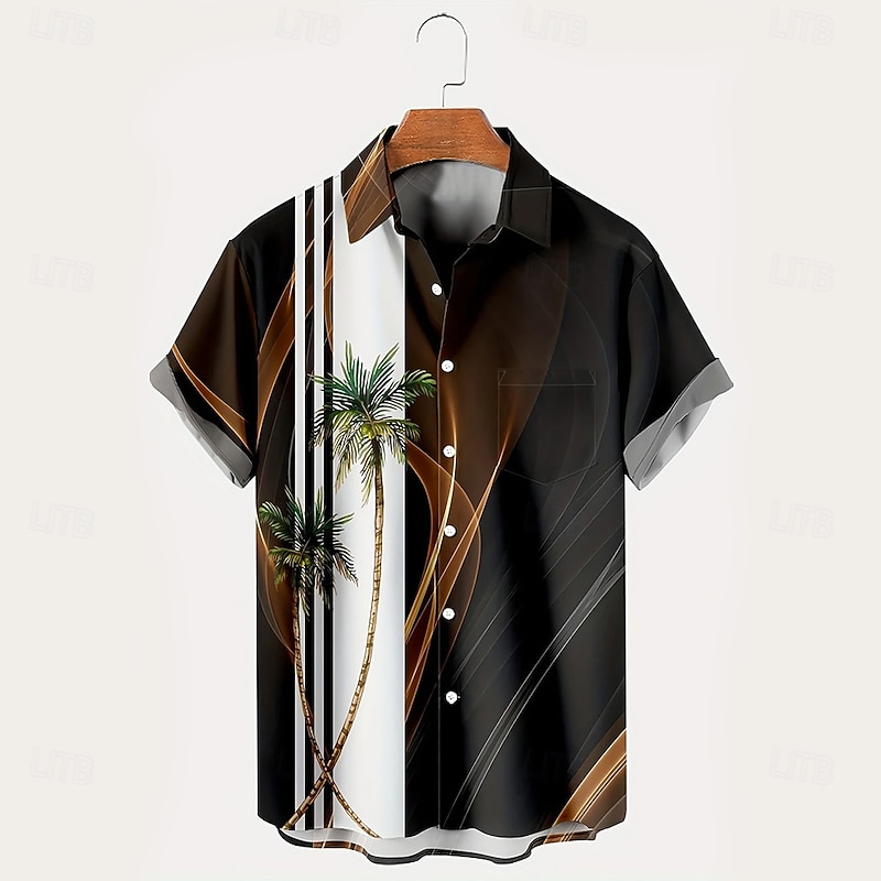 Men's Coconut Tree Waves Shirt Summer Hawaiian Shirt Button Up Shirt Short Sleeve Hawaiian Holiday Beach Wear Summer Spring Turndown 3D Print Collared Shirts Front One Pocket Black