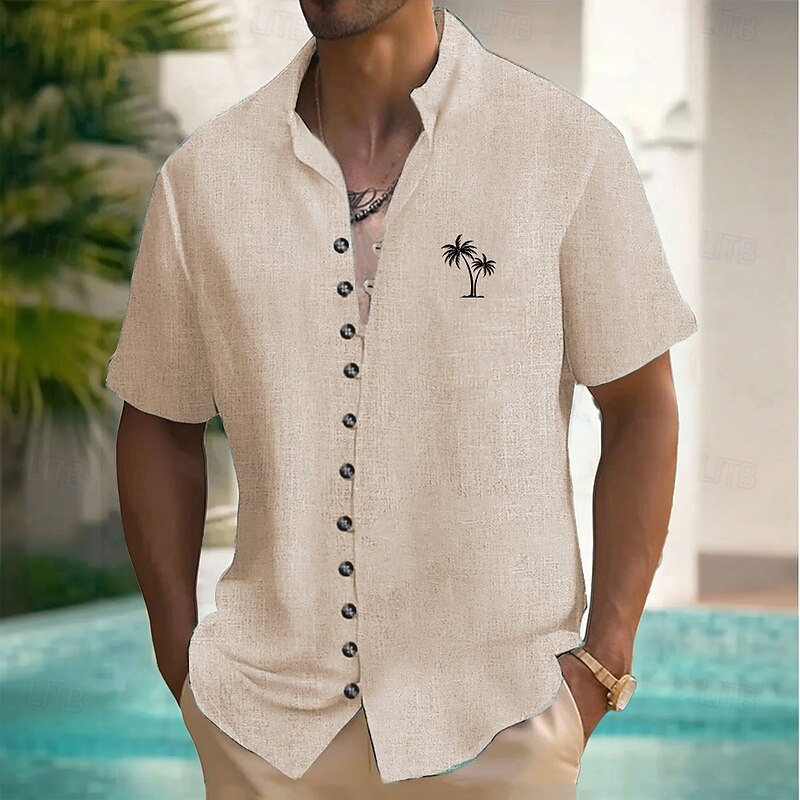 Men's Coconut Tree Tropical Plants Shirt Summer Hawaiian Shirt Stand Collar Shirt Short Sleeves Hawaiian Vacation Beach Wear Summer Spring Grandad Collar Mandarin Collar Button Up 3D Print Linen Like4