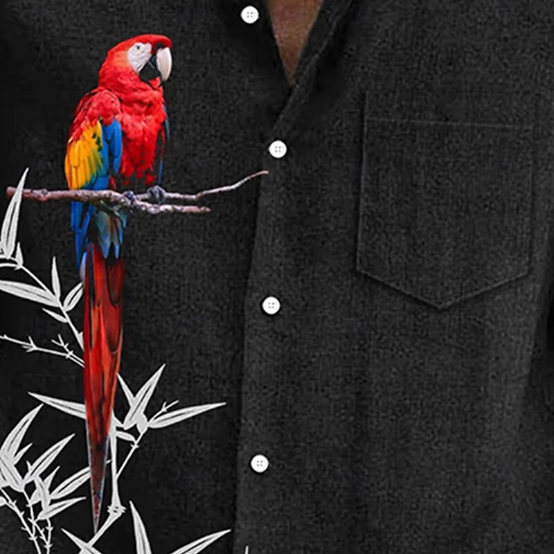 Men's Bird Plants Parrot Summer Hawaiian Shirt Button Up Shirt Aloha Shirt Short Sleeve Hawaiian Vacation Holiday Beach Wear Summer Spring Turndown 3D Print Front One Pocket Linen Like Shirt Black3