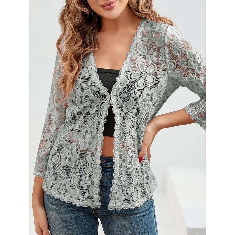 Women's Lace Shirt Solid Color Elegant Stylish Basic Long Sleeve V Neck Regular Tops Daily Lace Patchwork Black White Red Gray Summer Spring3