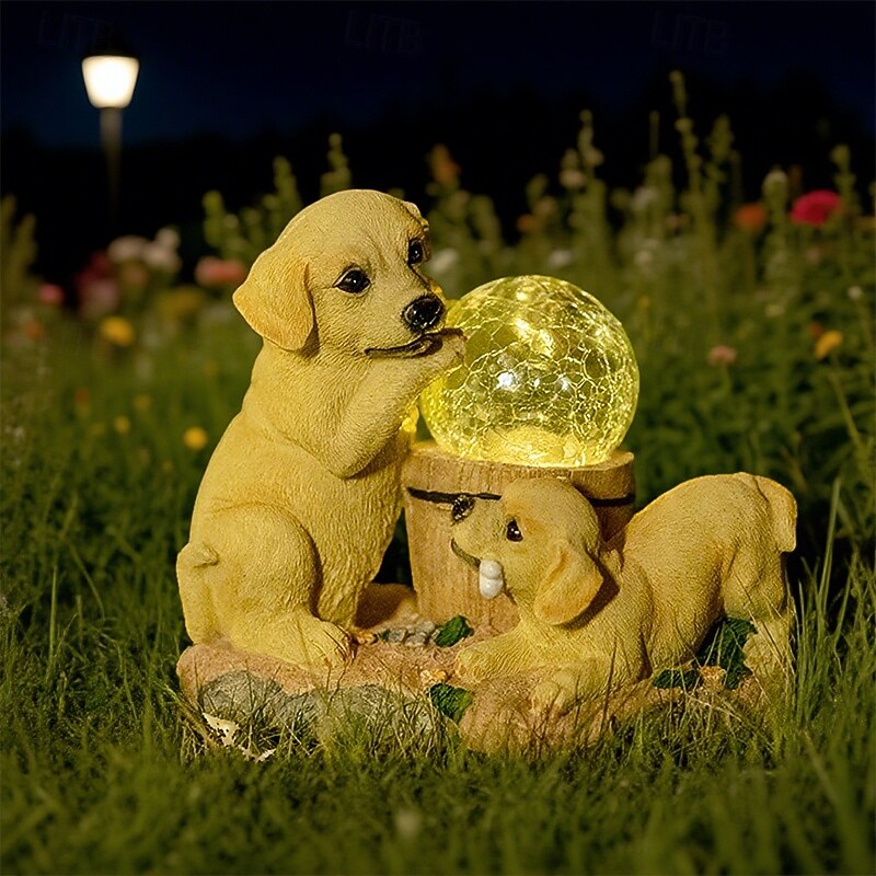 1 Pc Outdoor Solar Waterproof Two Puppies Luminous Spherical Statue Light Courtyard Garden Lawn Path Courtyard Resin Ornament Light Landscape Decoration Light