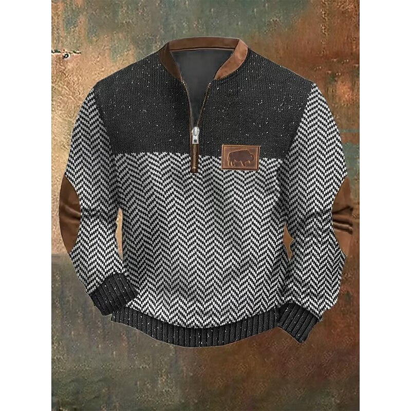 Men's Sweatshirt Quarter Zip Sweatshirt Black Army Green Navy Blue Gray Half Zip Color Block Cow Ribbed Textured Knit-texture Sports & Outdoor Daily Holiday Polyester Streetwear Casual Spring &  Fall3