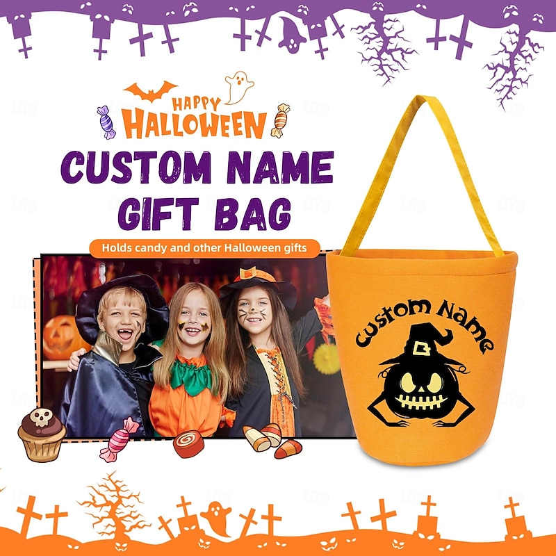 Personalized Name Halloween Treat Bag for Kids Trick or Treat Custom Candy Tote Bag Basket Gift Bag, Reusable Pumpkin Ghost Party Favor for Toddlers3
