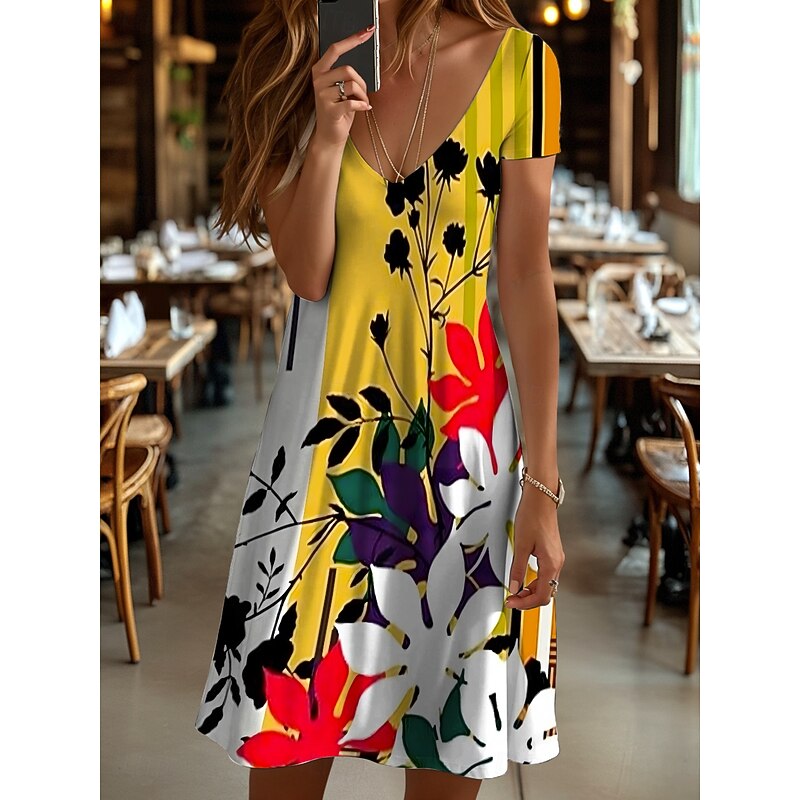 Women's Mini Dress T Shirt Dress Tee Dress Sundress Summer Dress Vacation Casual Beach Daily Going out Regular Fit Floral Graphic Geometric Short Sleeve V Neck Yellow Blue Purple Orange Summer4