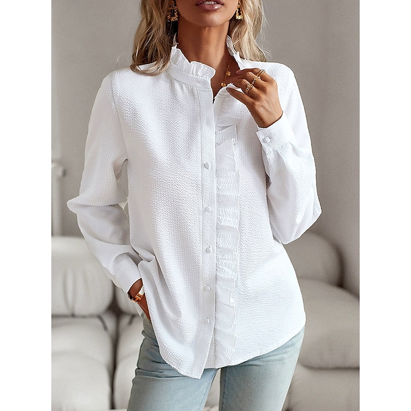 Women's Shirt Button Down Blouse Solid Color Plain Striped Elegant Stylish Basic Long Sleeve Crew Neck Regular Tops Daily Ruffle Buttons White Pink Sky Blue Gray Spring Fall Winter