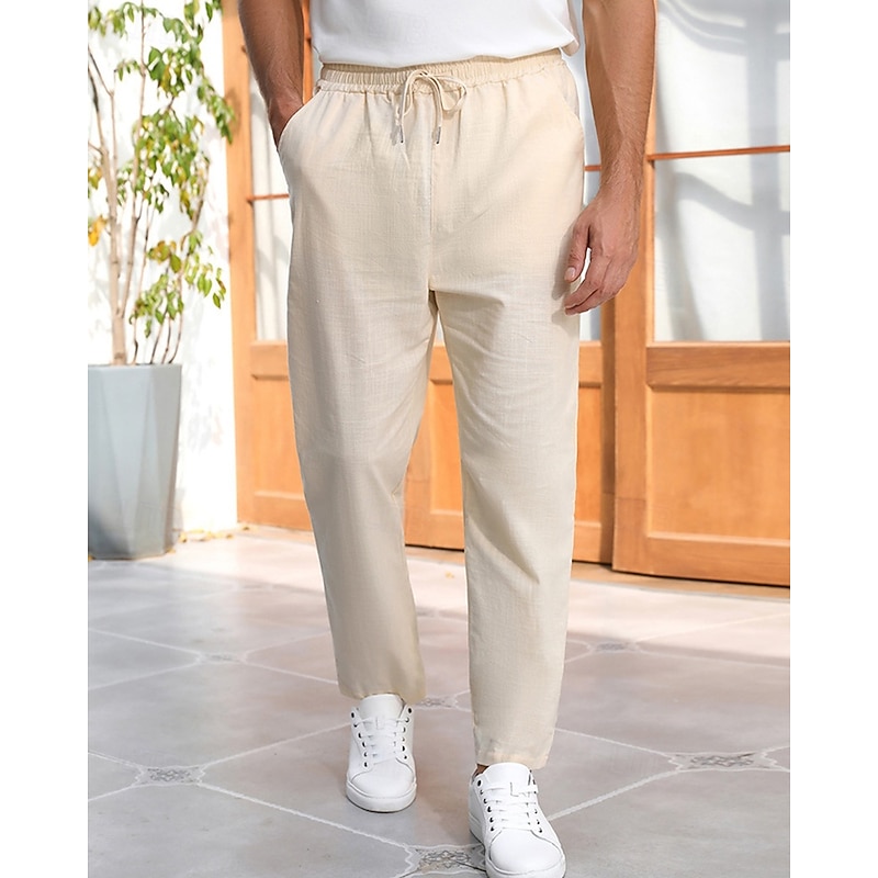 Men's Linen Pants Trousers Summer Pants Beach Pants Pocket Drawstring Elastic Waist Plain Comfort Breathable Vacation Daily Holiday Hawaiian Boho Beige3