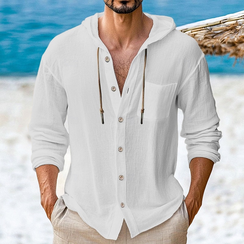 Men's Shirt Linen Shirt Beach Wear Button Up Shirt Hooded Shirt Plain Vacation Casual Black White Green Khaki Long Sleeve Hooded Spring & Summer Clothing Apparel Buttons