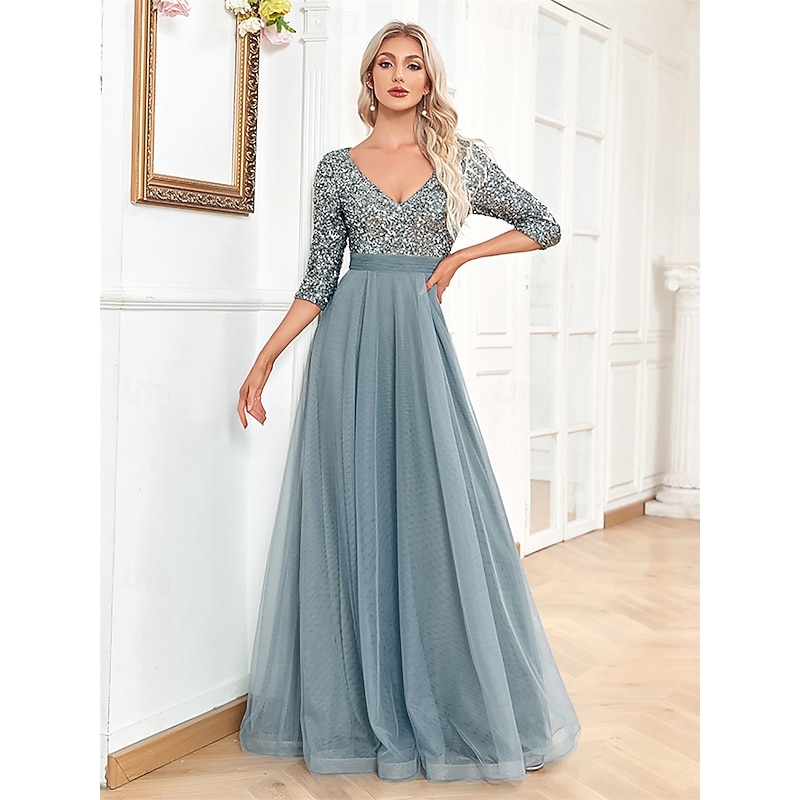 A-Line Quinceanera Dresses Elegant Dress Formal Wedding Floor Length Half Sleeve V Neck Tulle with Sequin2