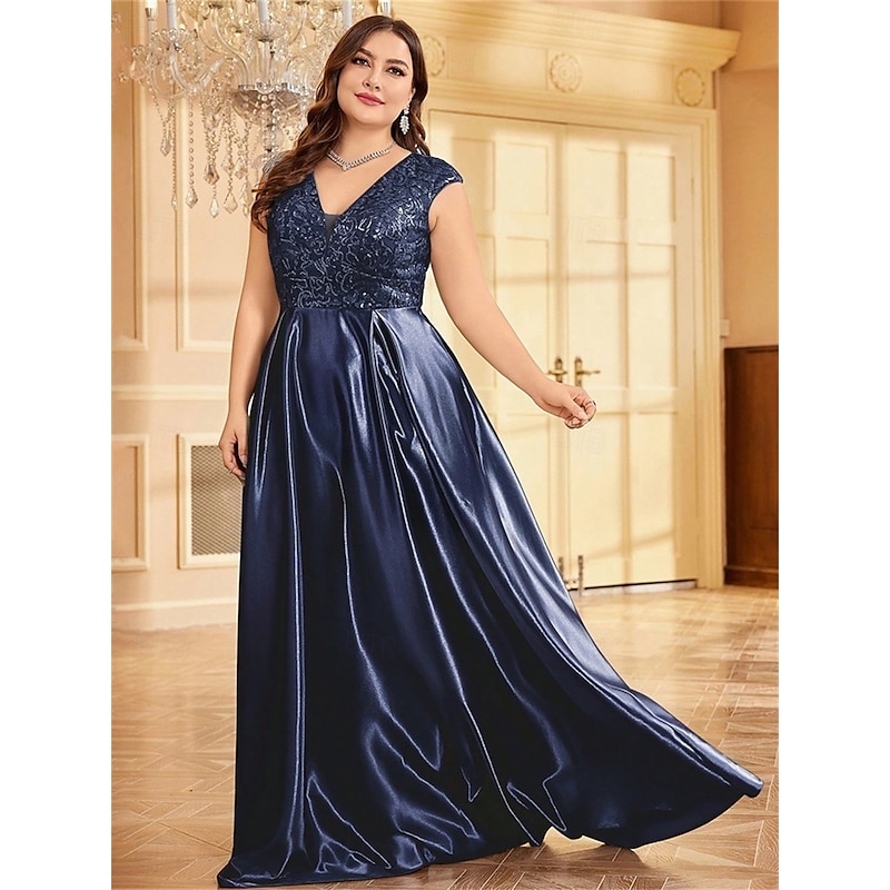 A-Line Plus Size Dresses Elegant Curve Dress Formal Wedding Floor Length Short Sleeve V Neck Satin Backless with Pleats