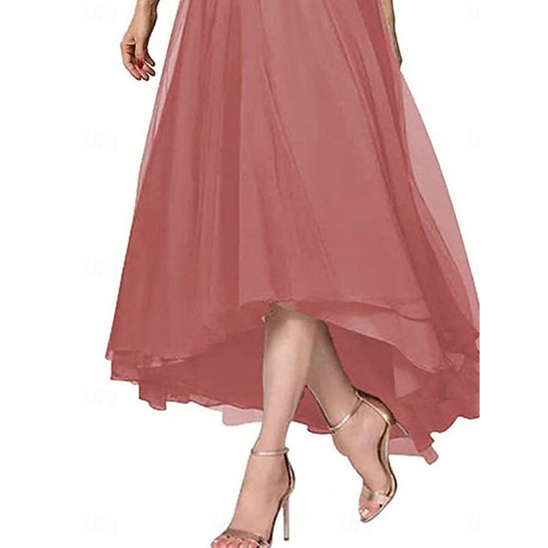 A-Line Mother of the Bride Dress Elegant V Neck Asymmetrical Chiffon Short Sleeve with Solid Color2