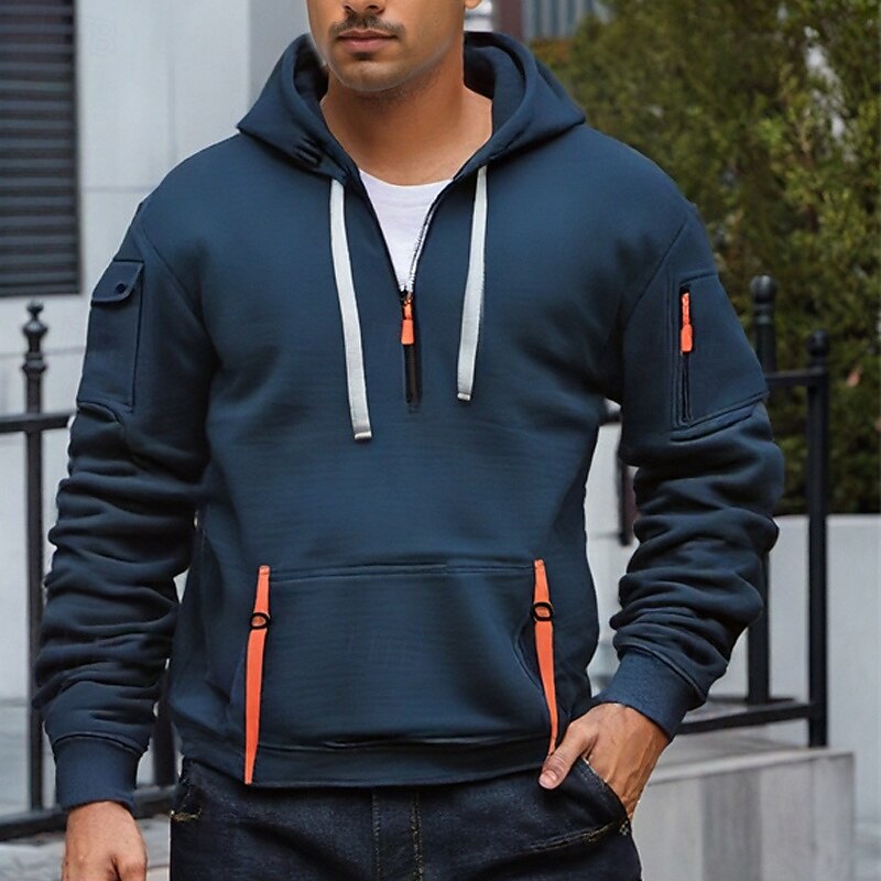Men's Hoodie Quarter Zip Hoodie Black Navy Blue Blue Brown Khaki Hooded Plain Pocket Sports & Outdoor Daily Holiday Polyester Streetwear Basic Casual Winter Autumn / Fall Clothing Apparel Hoodies2
