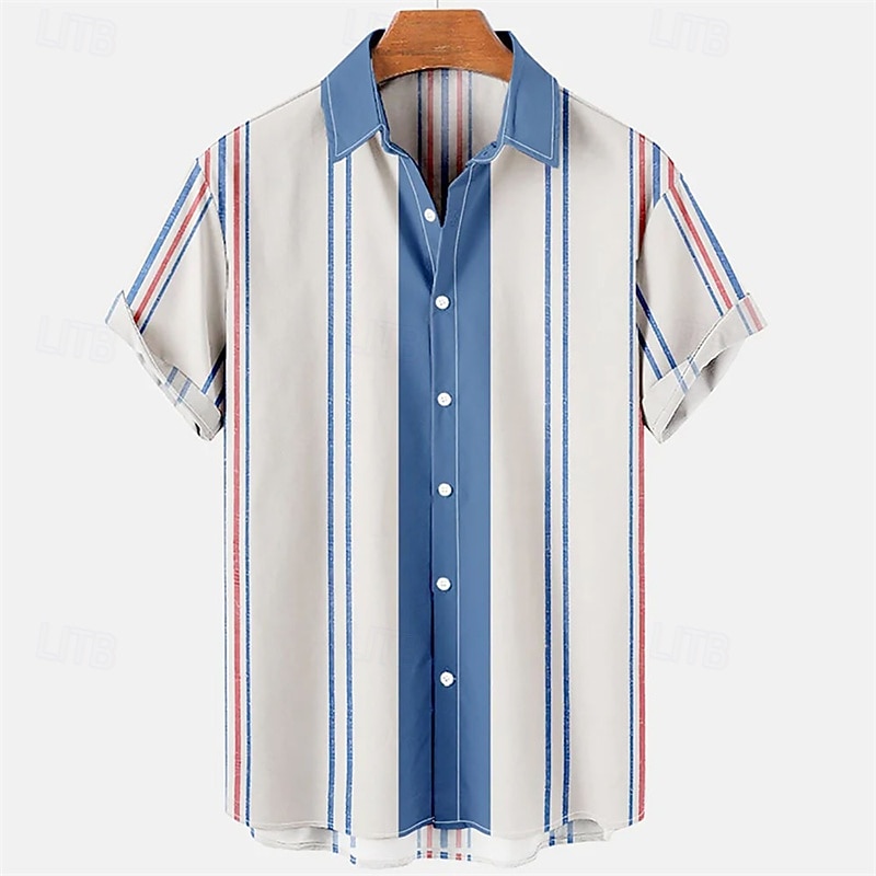 Men's Shirt Summer Shirt Casual Shirt Beach Shirt Button Up Shirt Blue Gold Green Dark Gray Gray Short Sleeve Stripes Lapel Vacation Hawaiian Clothing Apparel Polyester Fashion Casual Comfortable