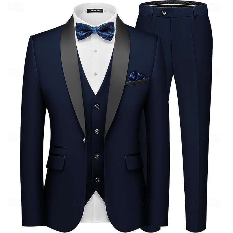 Men's Wedding Prom Suits Shawl Lapel Red Navy Blue Business Formal Solid Colored Standard Fit 3 Piece Single Breasted One-button2