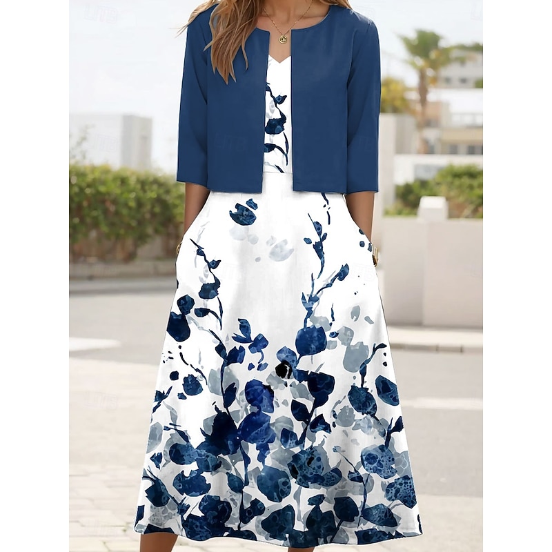 Women's Two Piece Dress Sets Midi Dress with Jacket Elegant A Line Dress Half Sleeve Party Semi Formal Floral Graphic Print V Neck Wedding Guest Daily White Navy Blue Sky Blue Regular Fit
