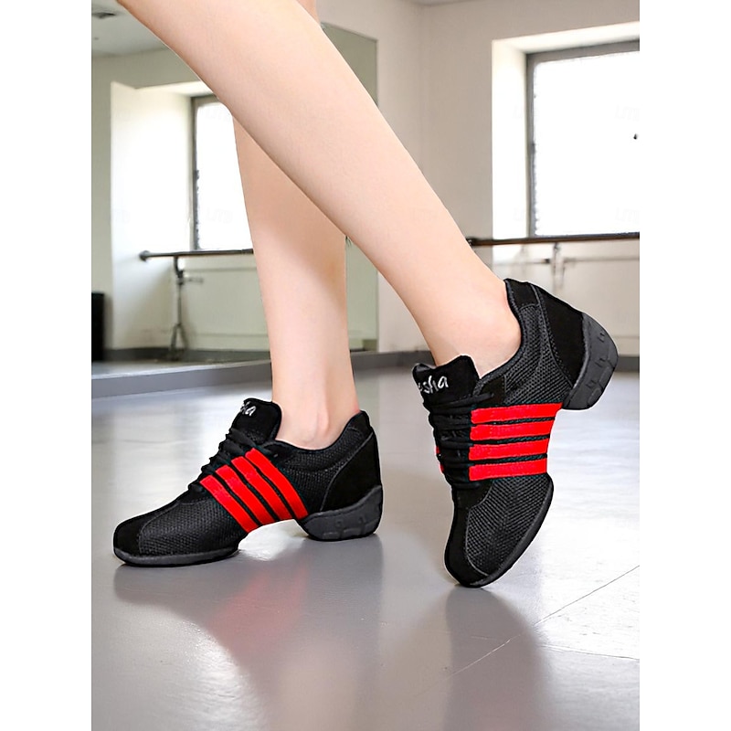 Women's Black Mesh Dance Sneakers - Lightweight Breathable Jazz and Hip Hop Practice Shoes with Red Stripes for Fitness and Performance