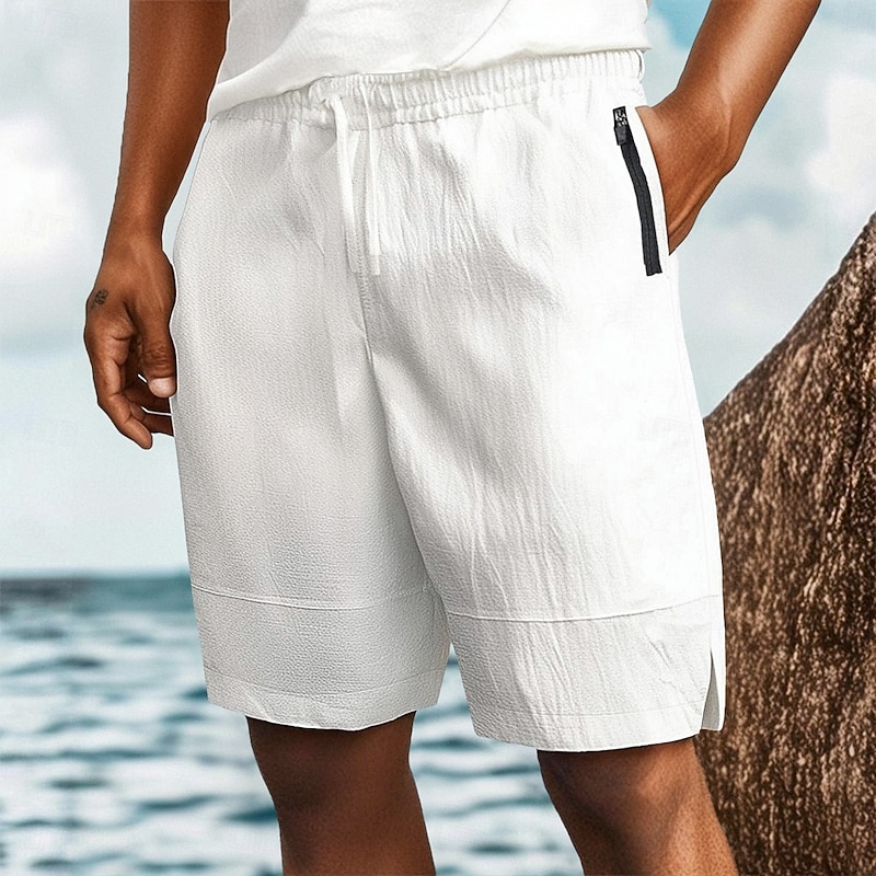 Men's Shorts Linen Shorts Summer Shorts Beach Shorts Drawstring Pocket Elastic Waist Plain Comfort Breathable Knee Length Casual Daily Holiday Vacation Fashion White Blue Stretchy