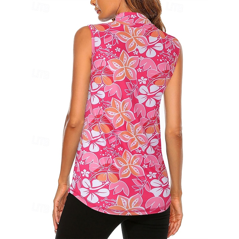 Women's Graphic Floral Tropical Sport Shirt Golf Polo Shirt Tennis Shirt Sleeveless Zipper High Elasticity Moisture Wicking Breathable Tennis Golf Pickleball Turndown Zip Collar Shirt Top Pink Blue2