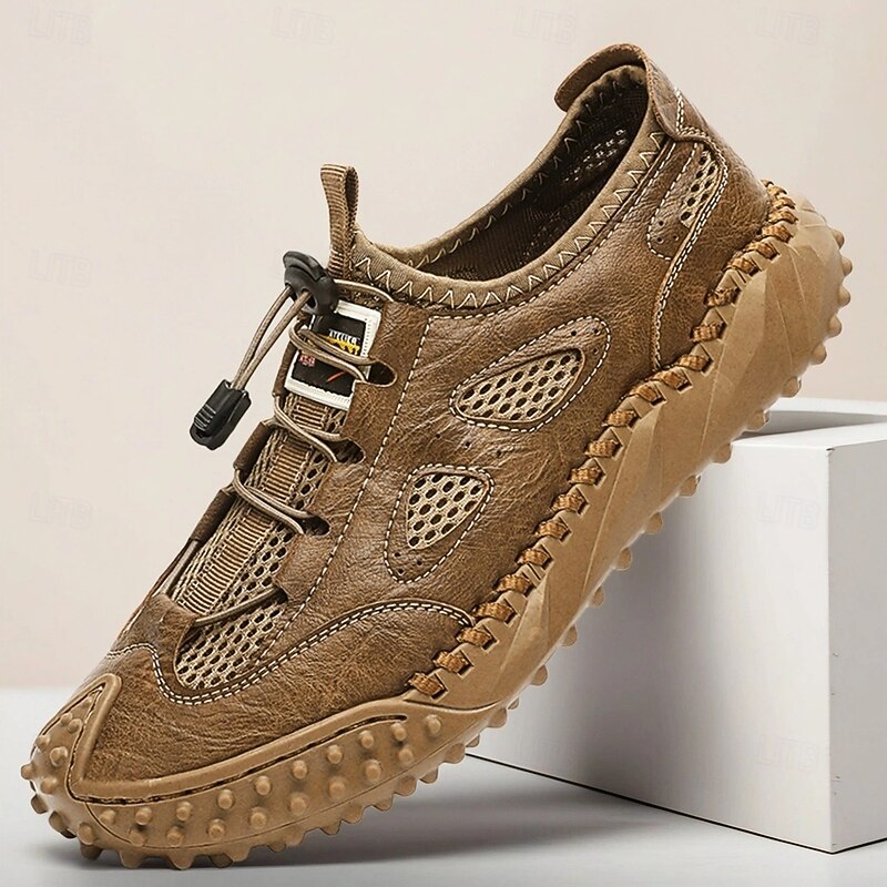 Men's Tan Slip-on Casual Sandals with Elastic Laces and Comfortable Footbed for Beach Trips, Vacations and Relaxed Outdoor Activities