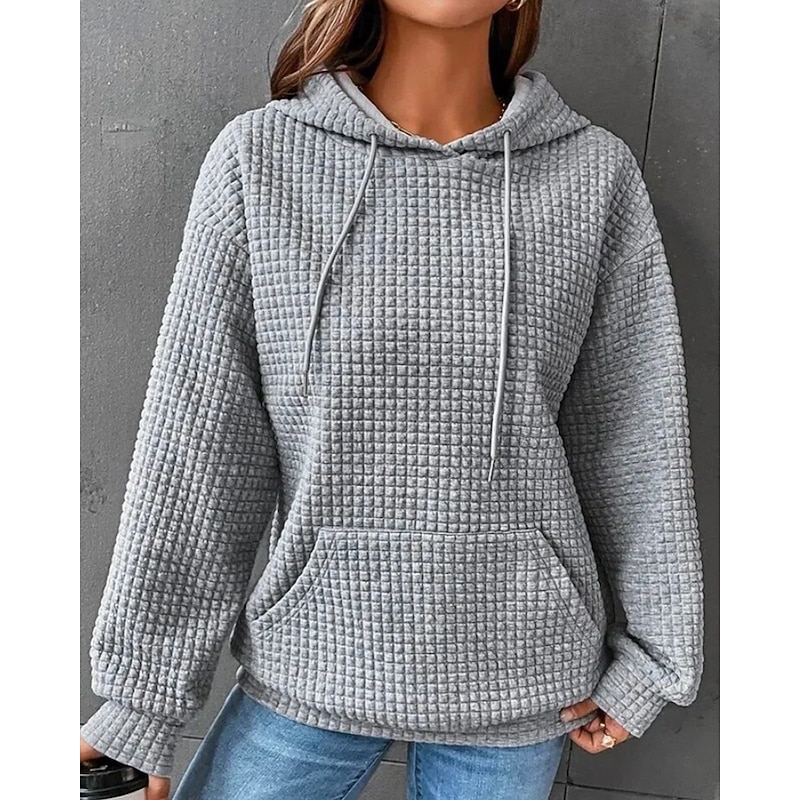 Women's Texture Sweatshirt Waffle Sweatshirt  Blouse Plain Modern Casual Long Sleeve Hooded Regular Tops Holiday Going out Pocket Black White Gray Summer4