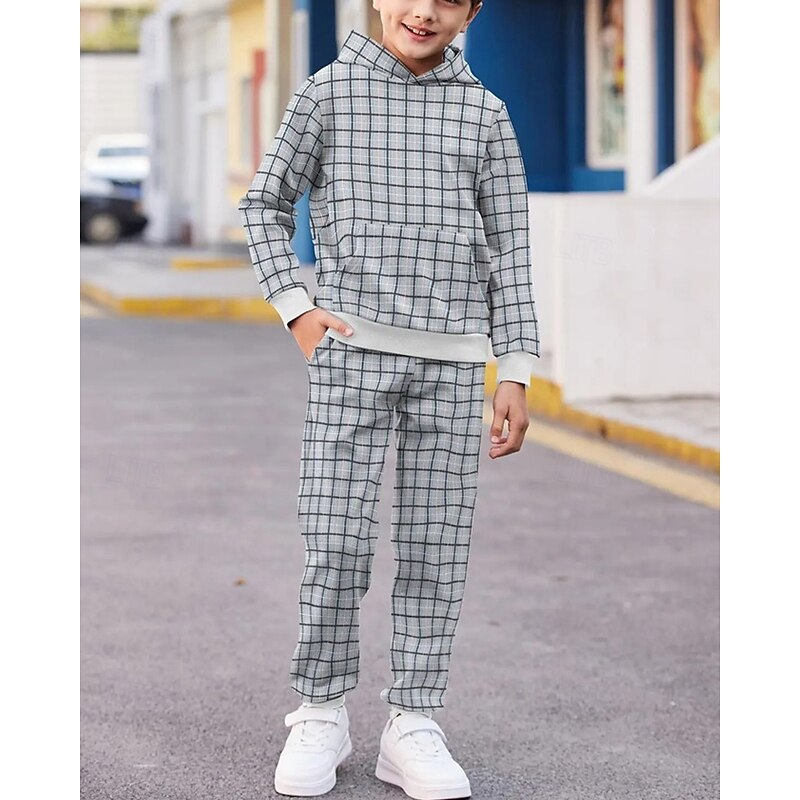 Boys' 3D Plaid Hoodie & Sweatpants Set Sports Suit Tracksuits Long Sleeve Spring Fall Daily Basic Casual Kids 4-12 Years Hooded Outdoor Vacation Sports Tailored Fit2