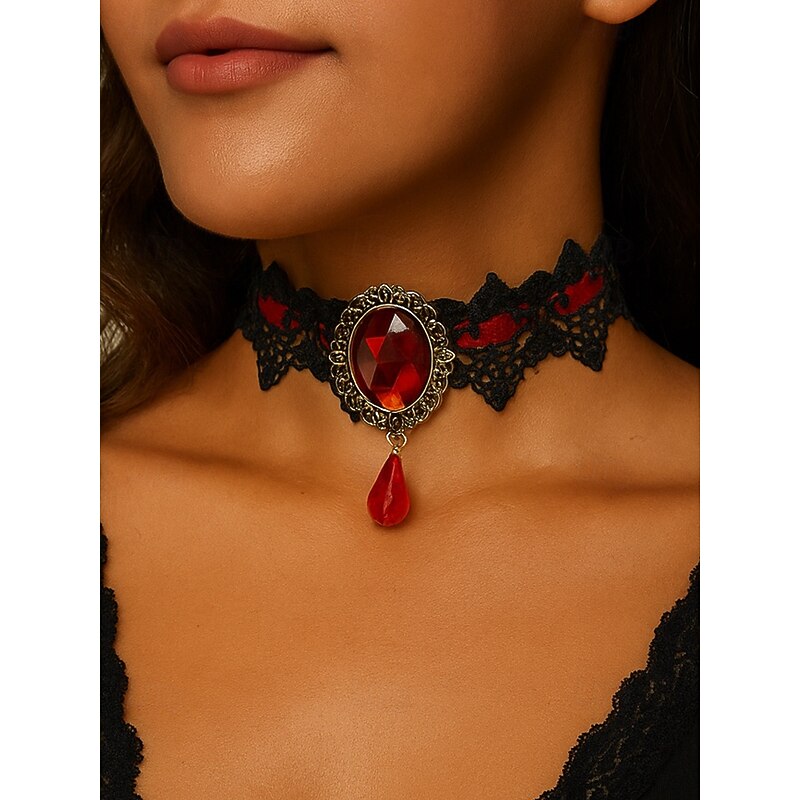 Women's Gothic Lace Choker Necklace with Red Gem Pendant, Vintage Black Velvet Collar Jewelry for Halloween Party and Costume Cosplay