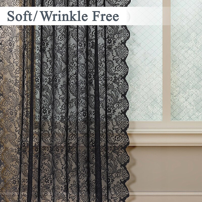 Black Lace Curtain Long for Living Room Bedroom Vintage Floral Extra Long Window Scarf Valance 1 Panel Rod Pocket3