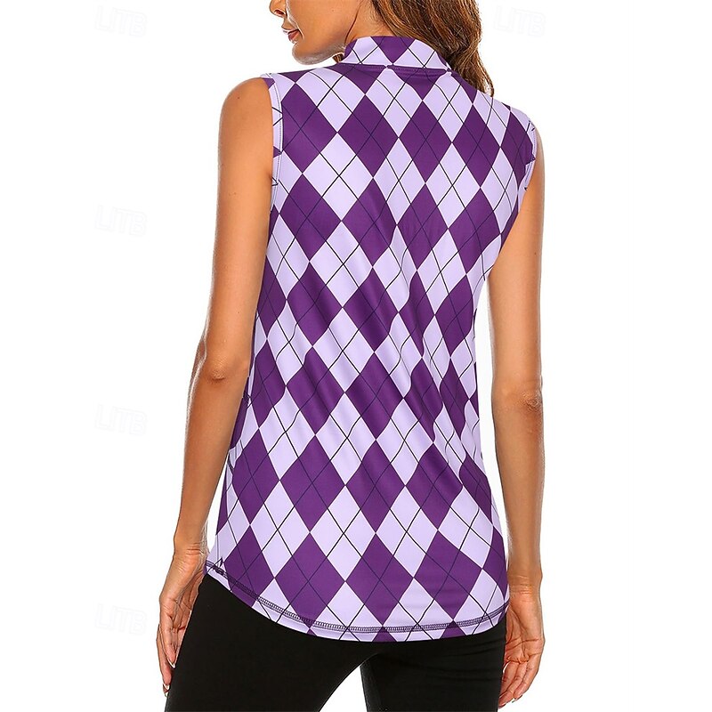 Women's Graphic Plaid / Check Sport Shirt Golf Polo Shirt Tennis Shirt Sleeveless Zipper High Elasticity Moisture Wicking Breathable Tennis Golf Pickleball Turndown Zip Collar Shirt Top Purple Tennis2