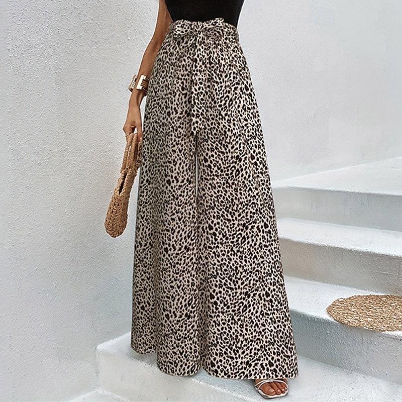 Women's Wide Leg Pants Trousers Streetwear Casual Long High Waist Leopard Elastic Waist Breathability Soft Micro-elastic Vacation Street Daily Wear Brown Summer Regular Fit
