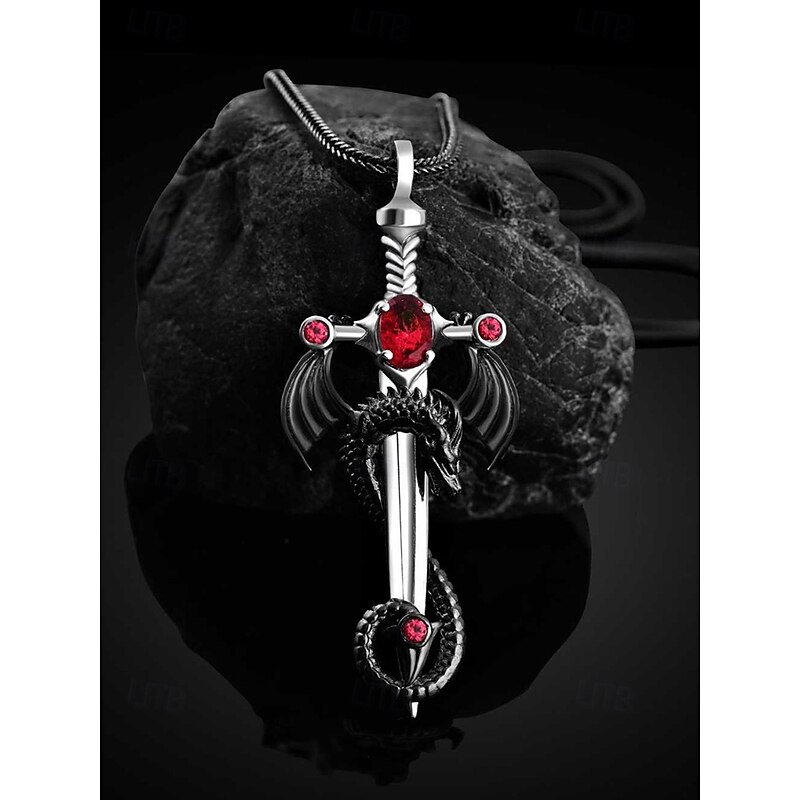 Men's Gothic Dragon Sword Pendant Necklace with Red Gemstones – Vintage Style, Perfect for Halloween Parties and Gothic Events