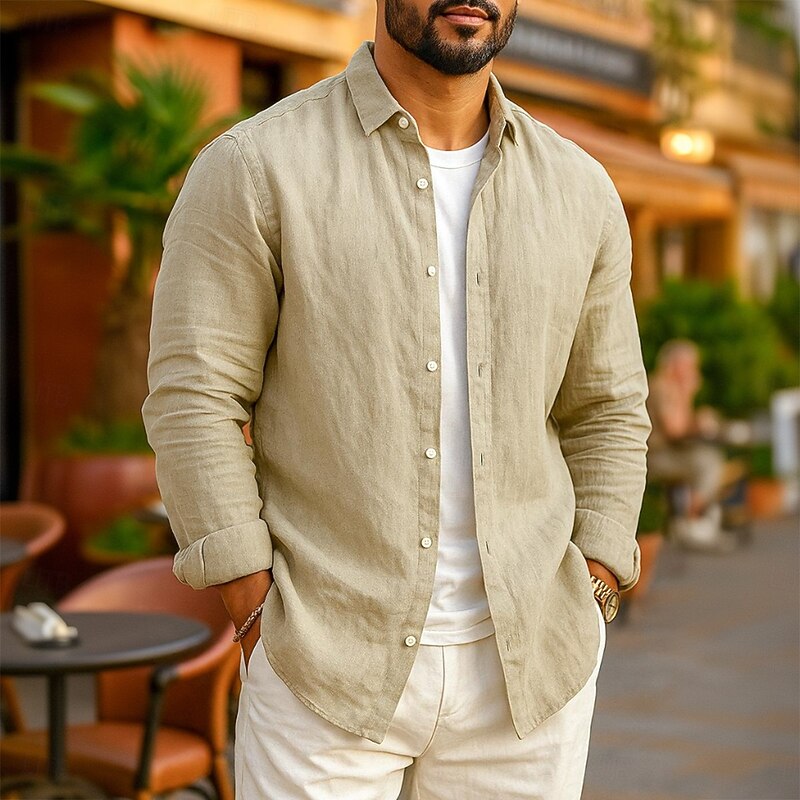 Men's Linen Shirt Summer Shirt Beach Wear Casual Shirt Button Up Shirt Plain Vacation Casual Black White Pink Navy Blue Long Sleeve Lapel N / A Clothing Apparel