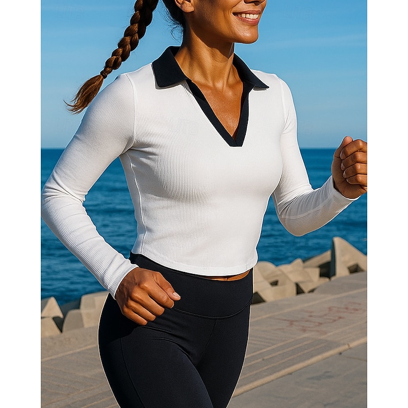 Women's Running Top Running Shirt Long Sleeve Tee Tshirt Color Block Spandex Quick Dry Lightweight Elastic Breathable Tennis Golf Running Sportswear Activewear White Blue Apricot