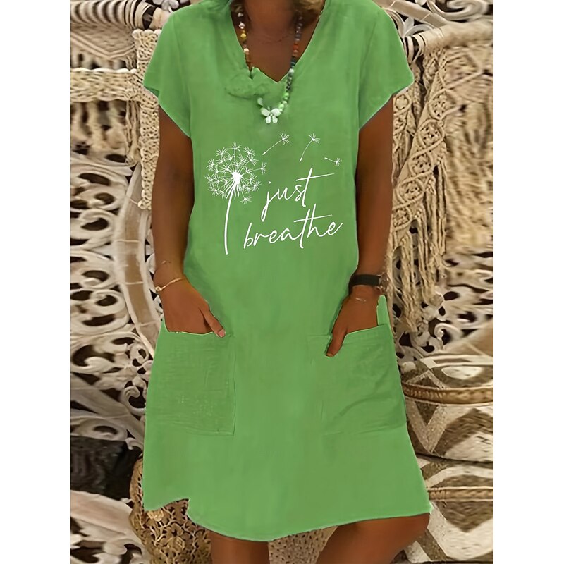 Women's Midi Dress Linen Dress Casual Dress Boho Dress Print Dress Elegant Fashion Classic Puff Sleeve Vacation Holiday Fall Dress Regular Fit Dandelion Short Sleeve V Neck Yellow Light Green4