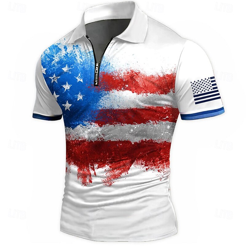 American Independence Day Men's American US Flag Zip Polo Shirts Short Sleeve Polo Shirts Collared Shirts Casual Athleisure Daily Wear 3D Print Summer White Red Blue3