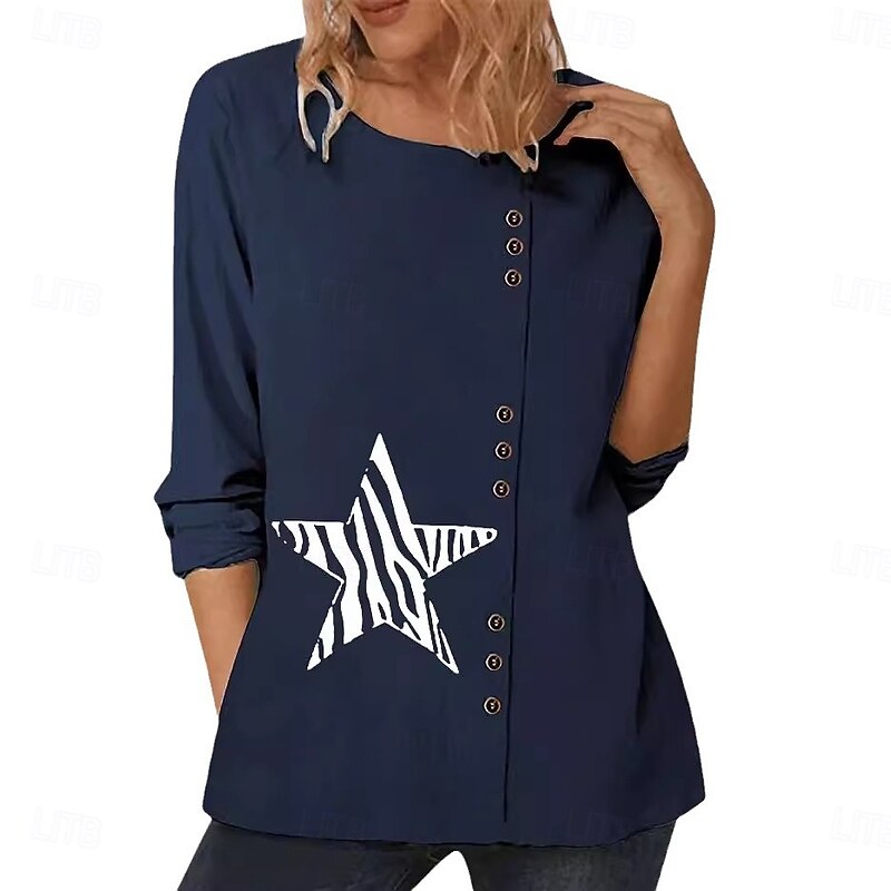 Women's Blouse Graphic Star Elegant Vintage Fashion Long Sleeve Crew Neck Round Neck Regular Tops Daily Going out Weekend White Blue Dark Blue Fall4