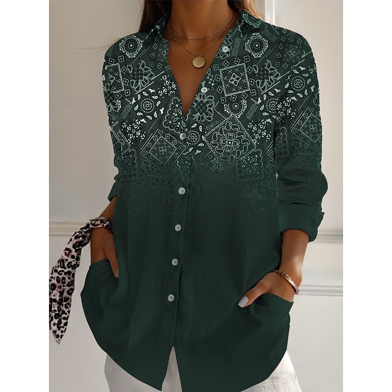 Women's Shirt Geometric Color Block Vintage Western Ethnic Long Sleeve Shirt Collar Regular Tops Daily Holiday Buttons Print Black Red Blue Brown Green Spring Fall4