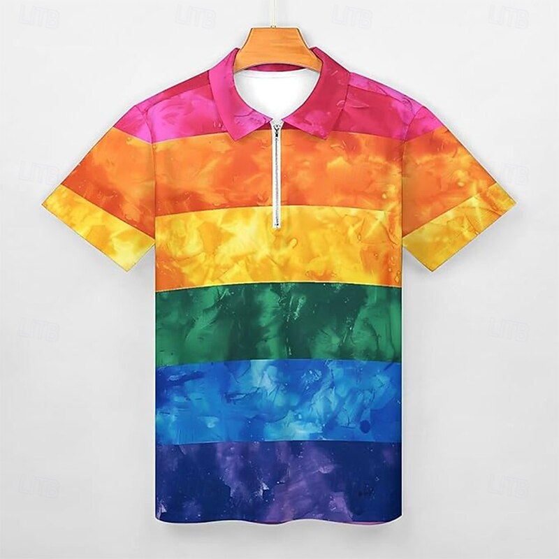 Pride Month Men's Rainbow Golf Shirt Short Sleeves Polo Shirts Polo Collar Casual Festival Zipper 3D Print Summer Rainbow3