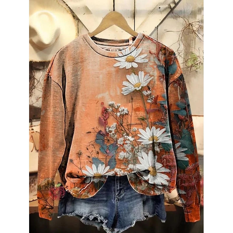 Women's Pullover Sweatshirt Floral Graphic Casual Long Sleeve Crew Neck Regular Tops Street Dailywear Casual Print Black Pink Blue Orange Gray Spring Fall Winter2