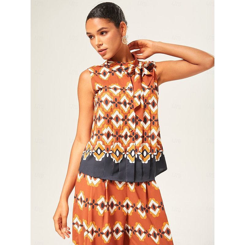 Geometric Rayon Bow-Tie Sleeveless Top