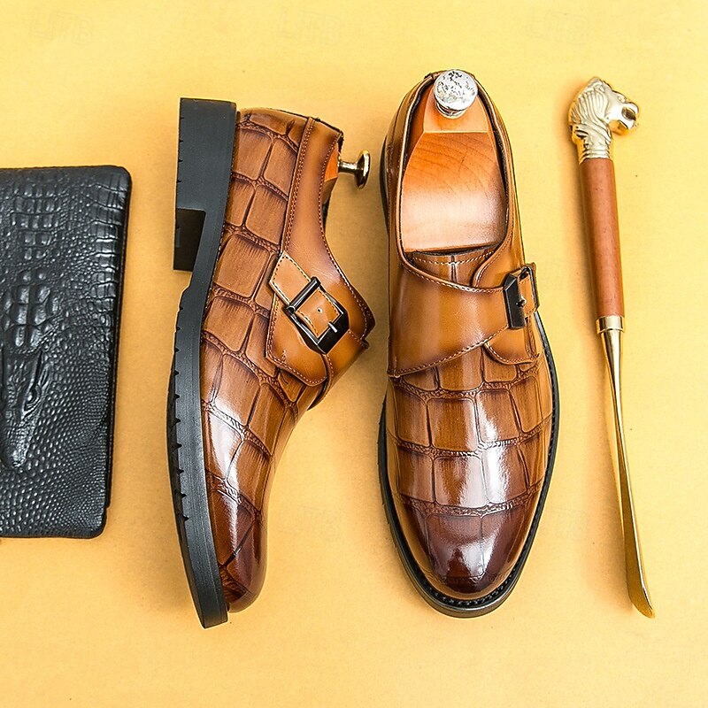 Men's Brown Faux Leather Monk Strap Dress Shoes with Crocodile Pattern – Elegant Formal Footwear for Office & Business Events2
