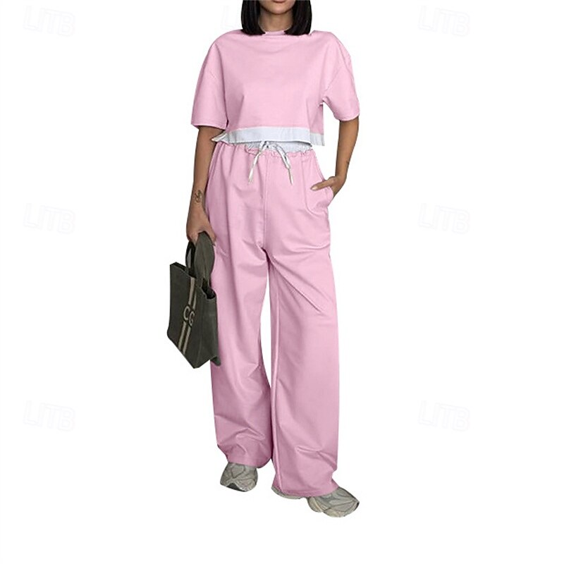 Women's Tracksuit Wide Leg Pants Pullover Sweatshirt Drawstring Pocket Solid Colored Clothing Suit Fall Black Pink Gym Workout Sports Windproof Long Sleeve Sport Activewear Micro-elastic Regular Fit3