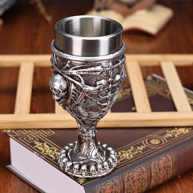 Halloween Skull Wine Goblet Vintage 3D Skull Stemmed Glass Unique Resin & Stainless Steel Embossed Design, Fun Barware for Red Wine, Halloween Party Decor2