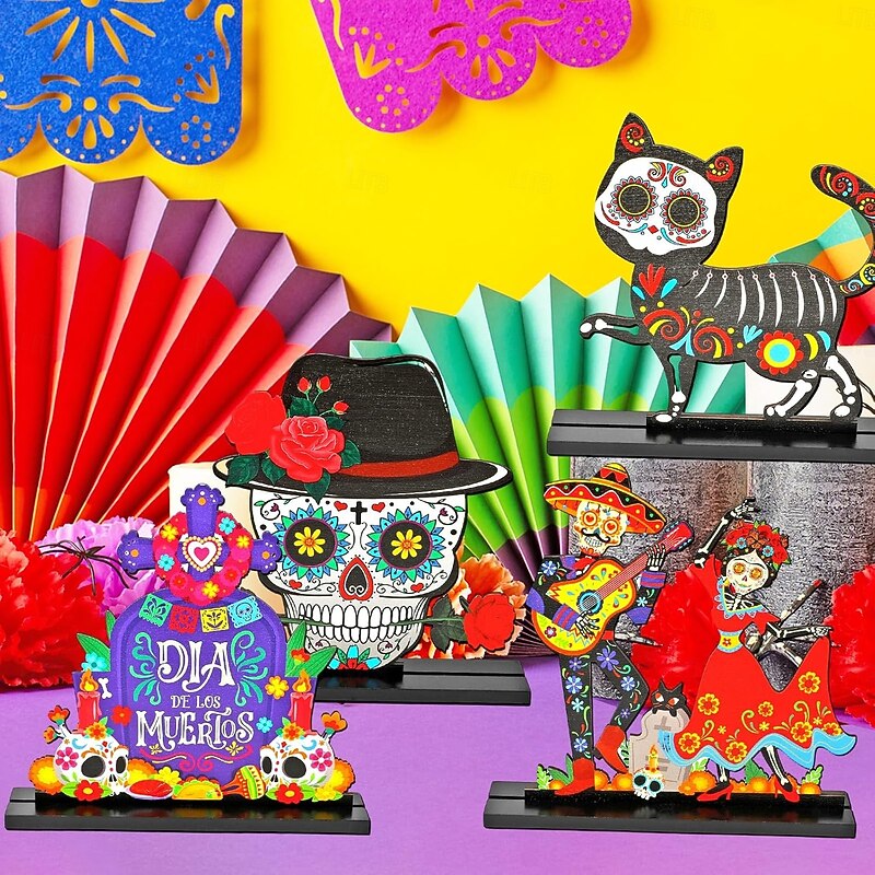 4PCS Wooden Day of the Dead Table Sign Centerpiece Decorations with Dancing Sugar Skulls, Ghost Skeletons, Couple Skulls, and Cat for Sacred Altar and Dining Table Decor4